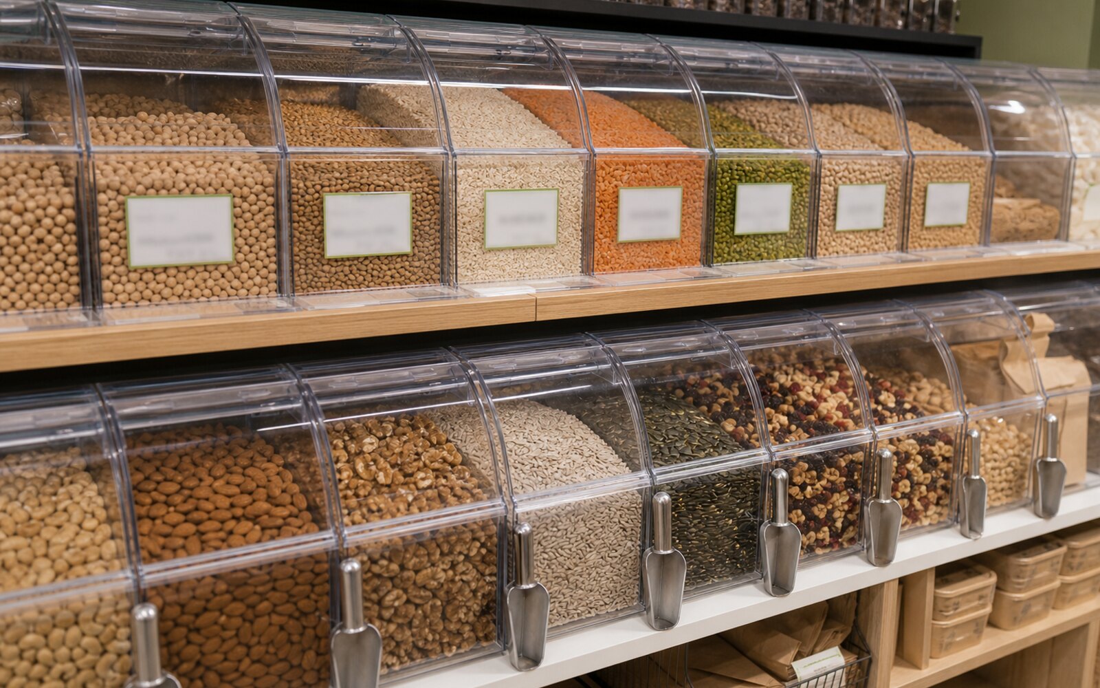 Bacs de vrac avec pelles séparées et étiquettes d'allergènes