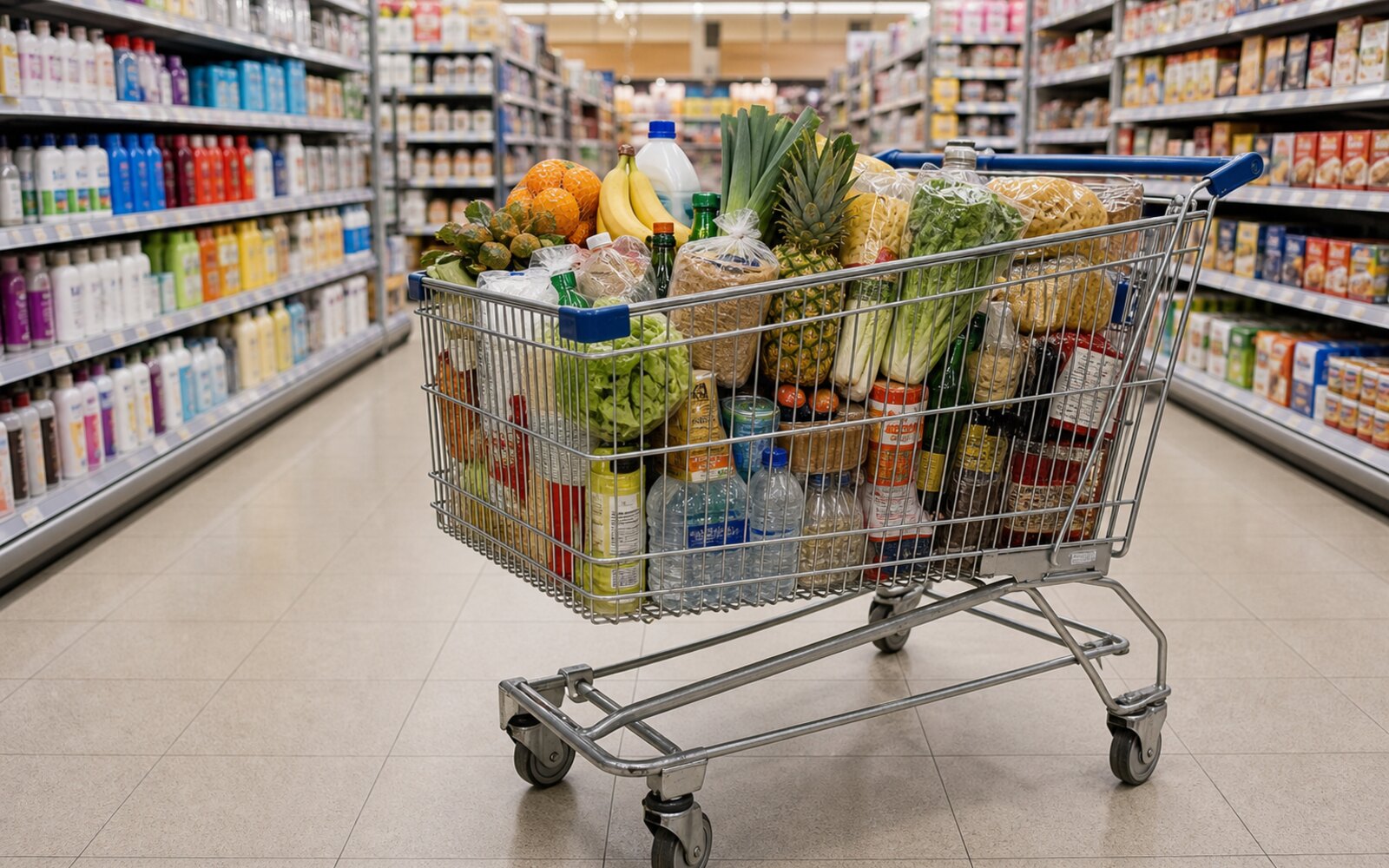 Grand chariot de courses rempli dans une allée d'hypermarché