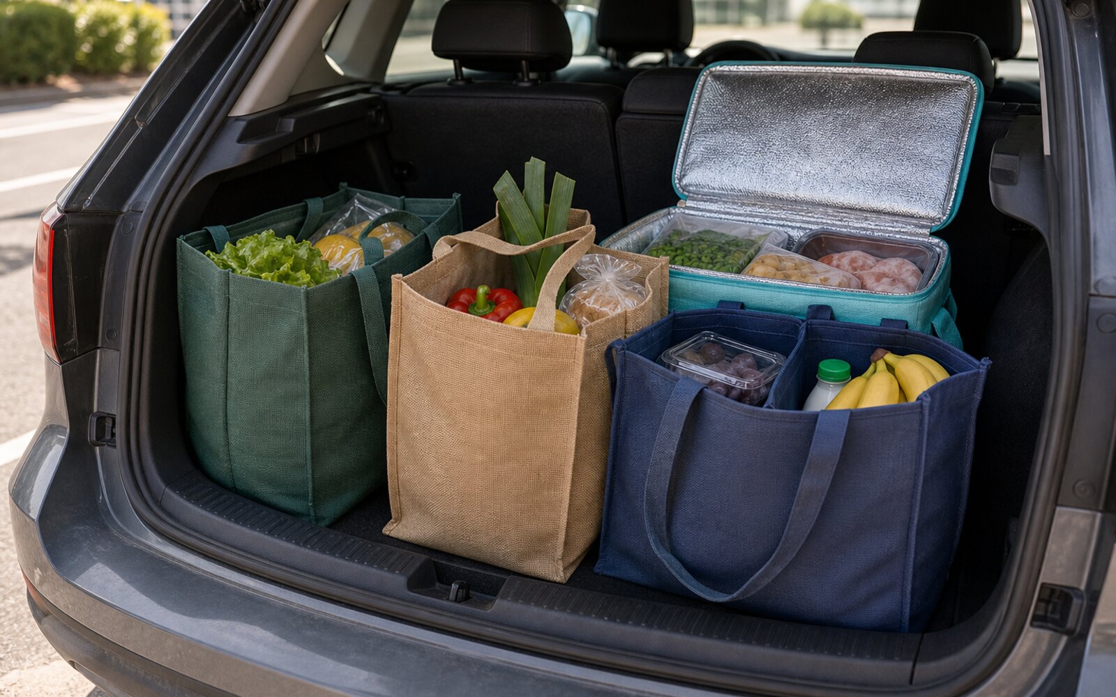 Sacs de courses drive dans un coffre de voiture avec produits frais séparés