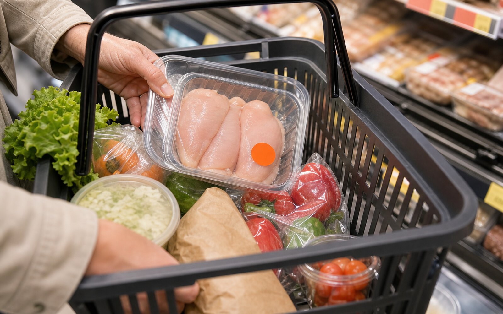 Produit frais avec étiquette date courte placé dans un panier de courses