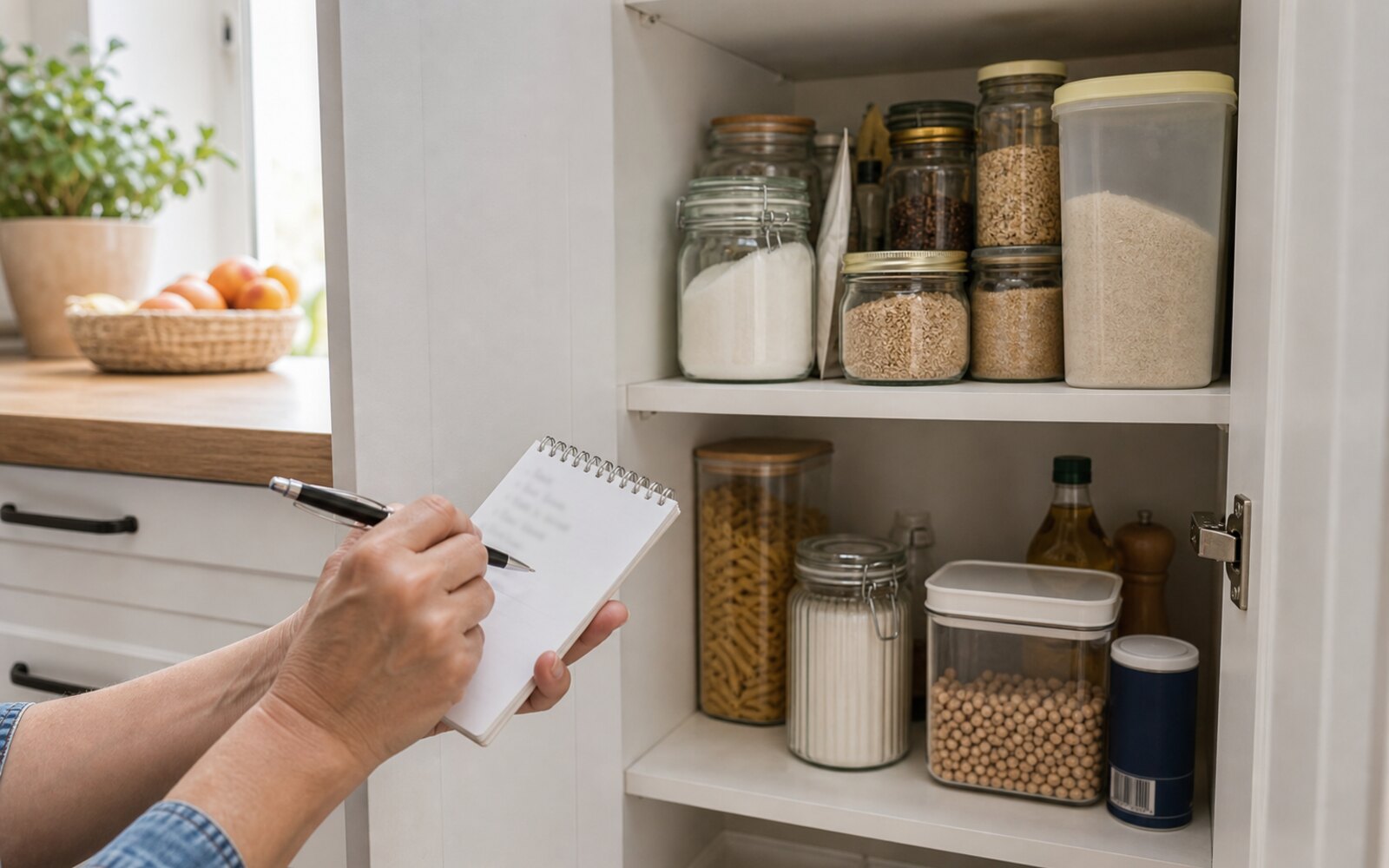 Placard de cuisine ouvert avec liste de courses manuscrite